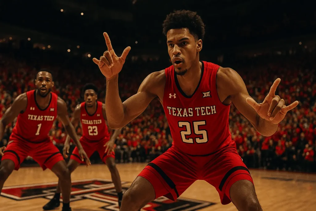 Texas Tech Basketball players celebrating victory at United Supermarkets Arena