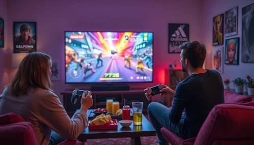 Two friends playing 2 player ps5 games together on couch