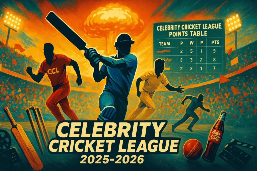 Celebrity Cricket League teams competing with points table display shown