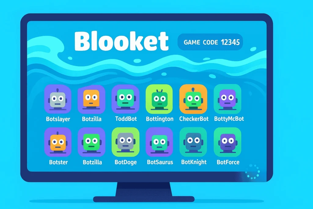 Blooket bot flooder interface showing automated bots joining game lobby