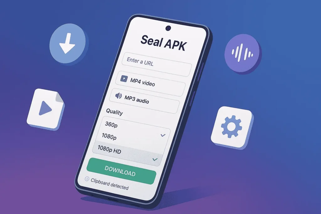 Seal APK download interface showing video audio download options Android