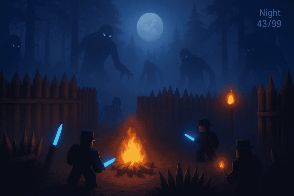 99 Nights in the Forest gameplay showing campfire base defense