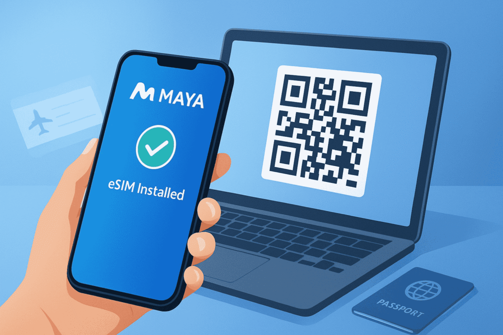 Maya Mobile eSIM activation QR code scanning on smartphone screen